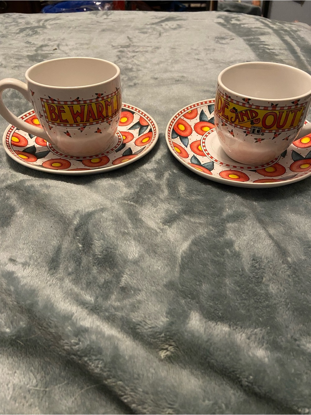 Mary Engelbreit set of 2 Ceramic Cup and Saucer Set - Orange Floral Accent
